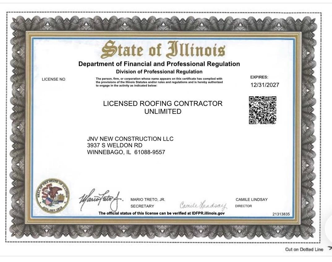 Illinois roofing contractor license for JNV New Construction LLC